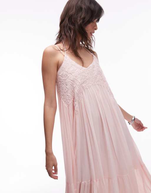 & Other Stories embroidered maxi dress with drop waist in pink