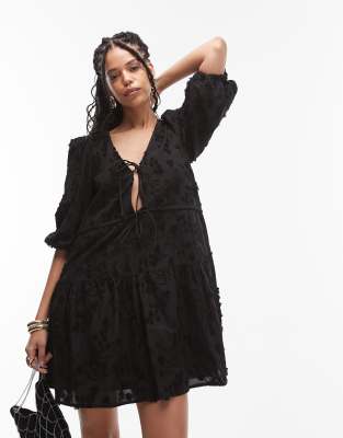 & Other Stories embroidered mini dress with front tie detail and tiered hem in black