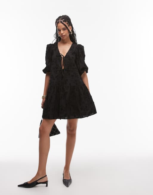 & Other Stories embroidered mini dress with front tie detail and tiered hem in black