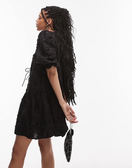 & Other Stories embroidered mini dress with front tie detail and tiered hem in black