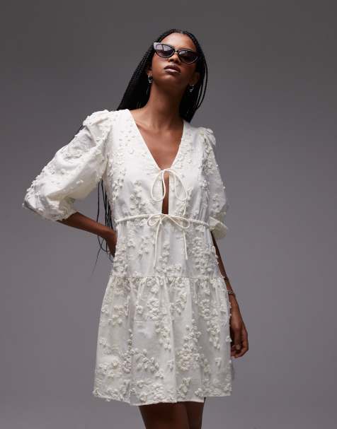 & Other Stories embroidered mini dress with front tie detail and tiered hem in light beige - view 1