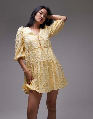 Shop & Other Stories Embroidered Mini Dress With Front Tie Detail And Tiered Hem In Neutral