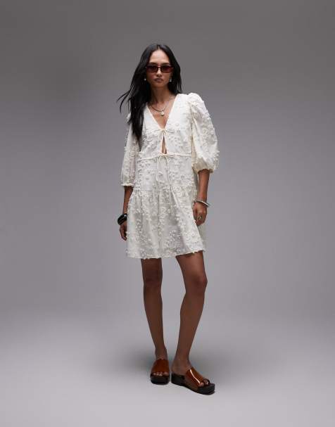 & Other Stories embroidered mini dress with front tie detail and tiered hem in white - view 1
