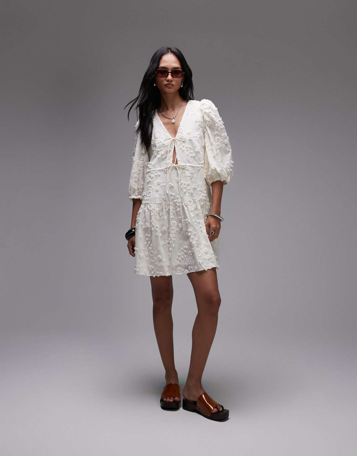 & Other Stories embroidered mini dress with front tie detail and tiered hem in white