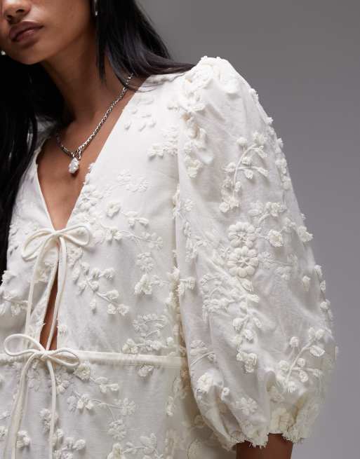 & Other Stories embroidered mini dress with front tie detail and tiered hem in white