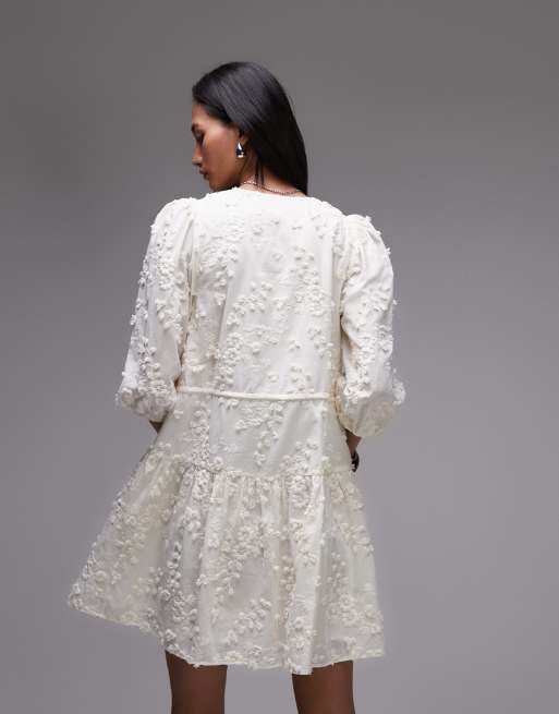 & Other Stories embroidered mini dress with front tie detail and tiered hem in white
