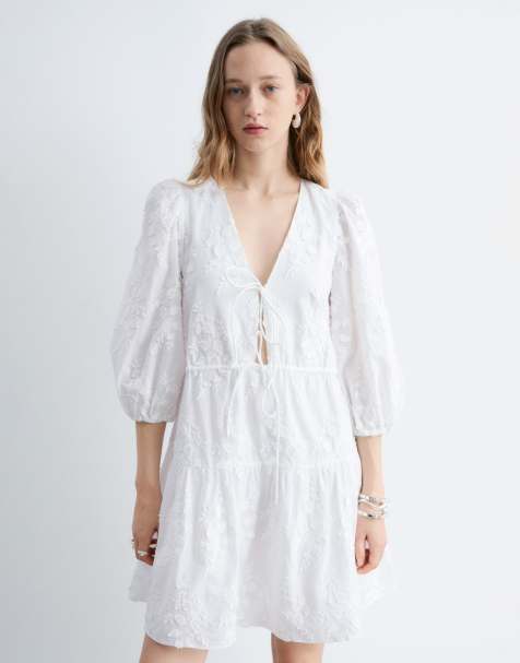 & Other Stories embroidered mini dress with front tie detail and tiered hem in white - view 1