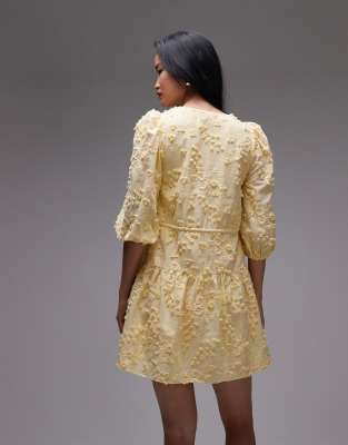 & Other Stories embroidered mini dress with front tie details and tiered hem in yellow