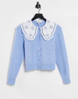 & Other Stories & Other Stories embroidered statement collar knit cardigan in light blue