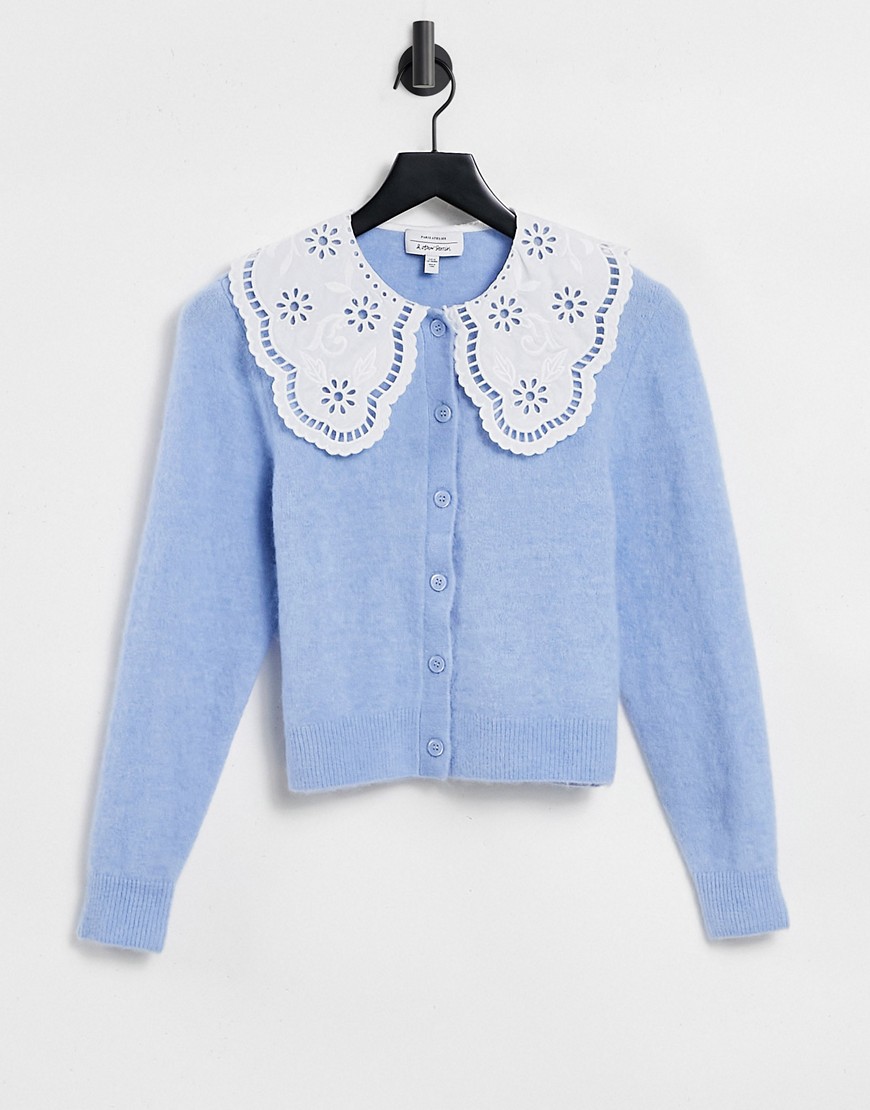 & Other Stories embroidered statement collar knit cardigan in light blue-Blues