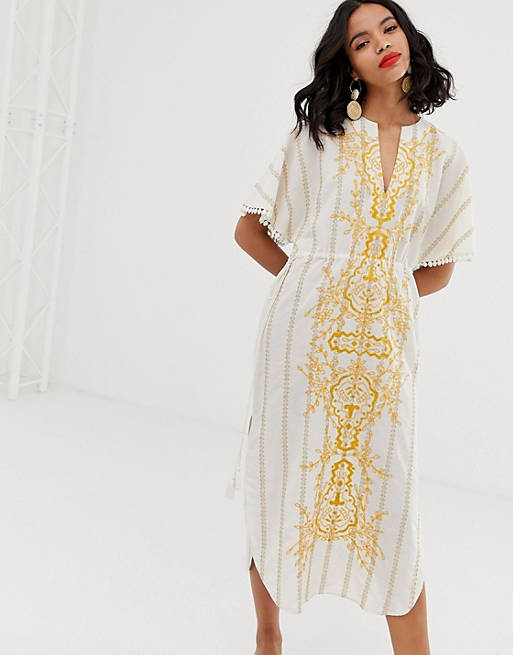 & Other Stories embroidered v-neck cotton kaftan with yellow details