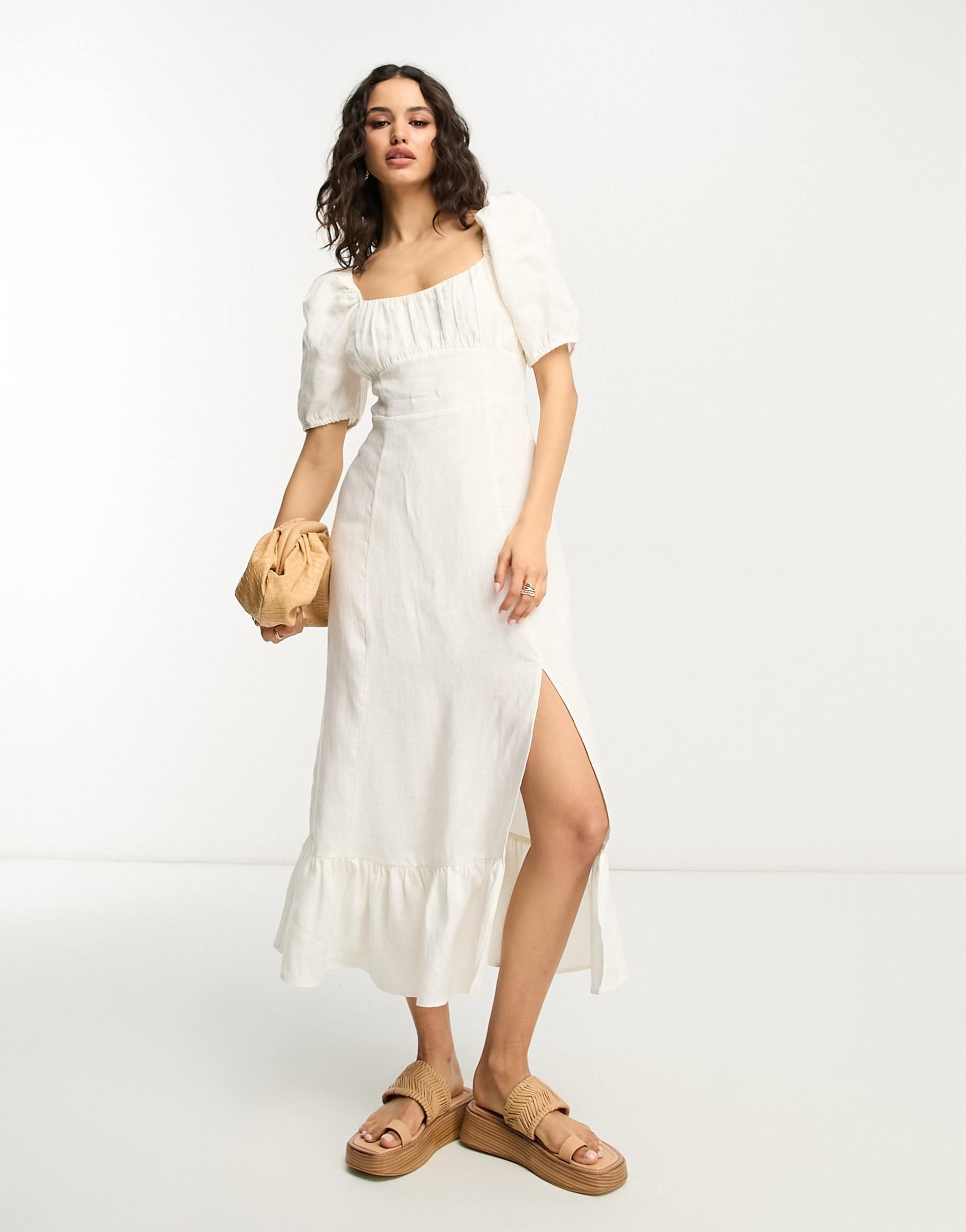 & other stories exclusive linen midi dress with split in off white