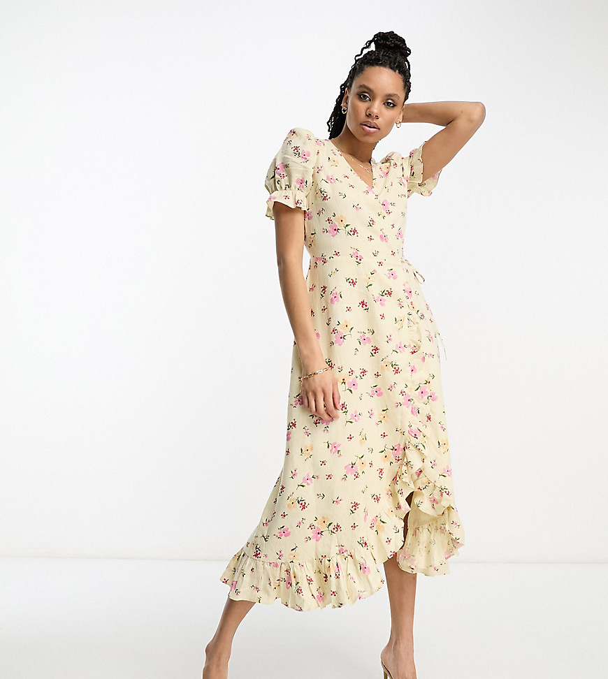 & Other Stories exclusive linen midi wrap dress in floral print-Multi
