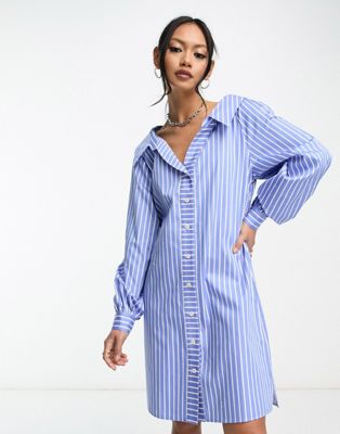 & Other Stories exclusive ruched shirt mini dress in blue stripe