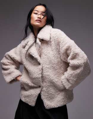 & Other Stories & Other Stories faux fur jacket with asymmetric button front in beige-Neutral