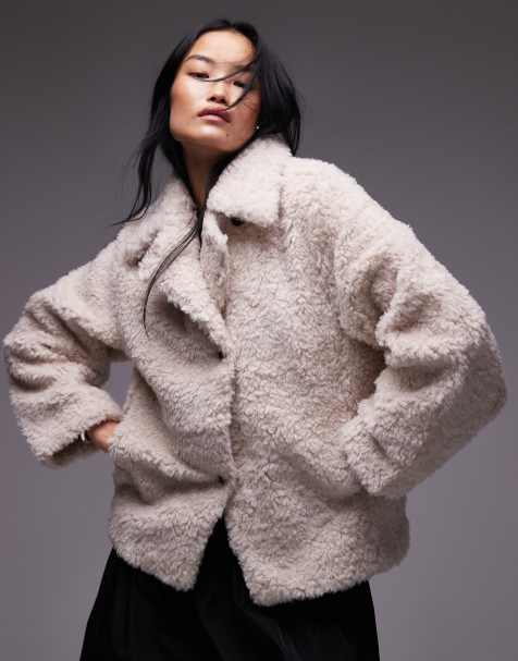 & Other Stories faux fur jacket with asymmetric button front in beige - view 1