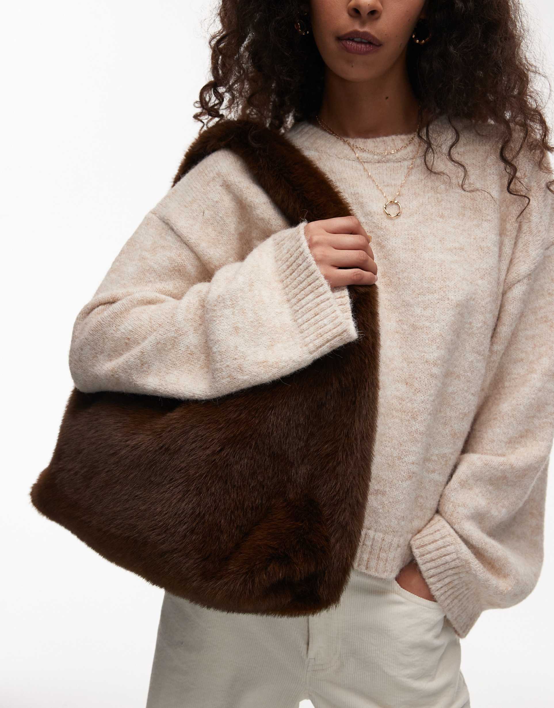& other stories faux fur tote shoulder bag in brown