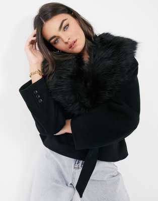 Grey Wrap Coat with Fox Fur Trim