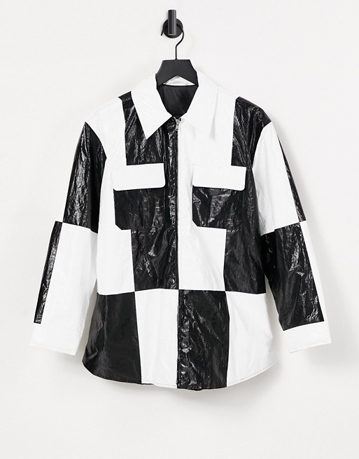& Other Stories faux leather colour block overshirt in black and white