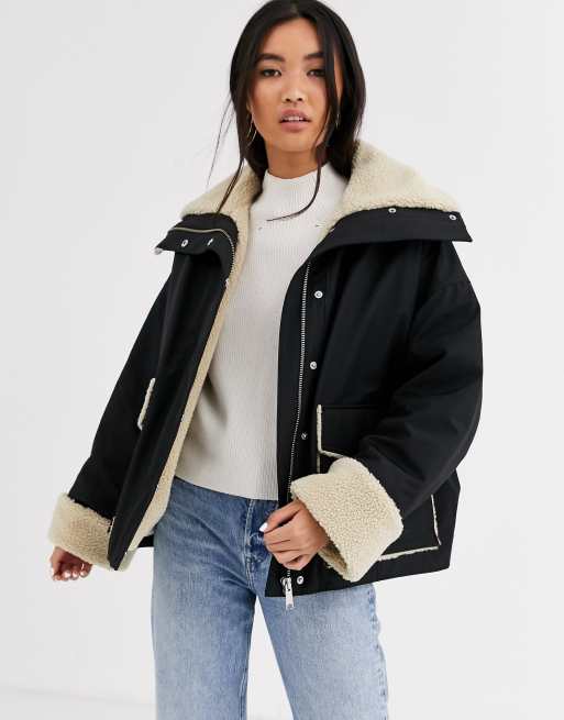 Faux Shearling-detail Jacket - Black/white - Ladies