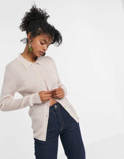 Collared Rib-Knit Cardigan