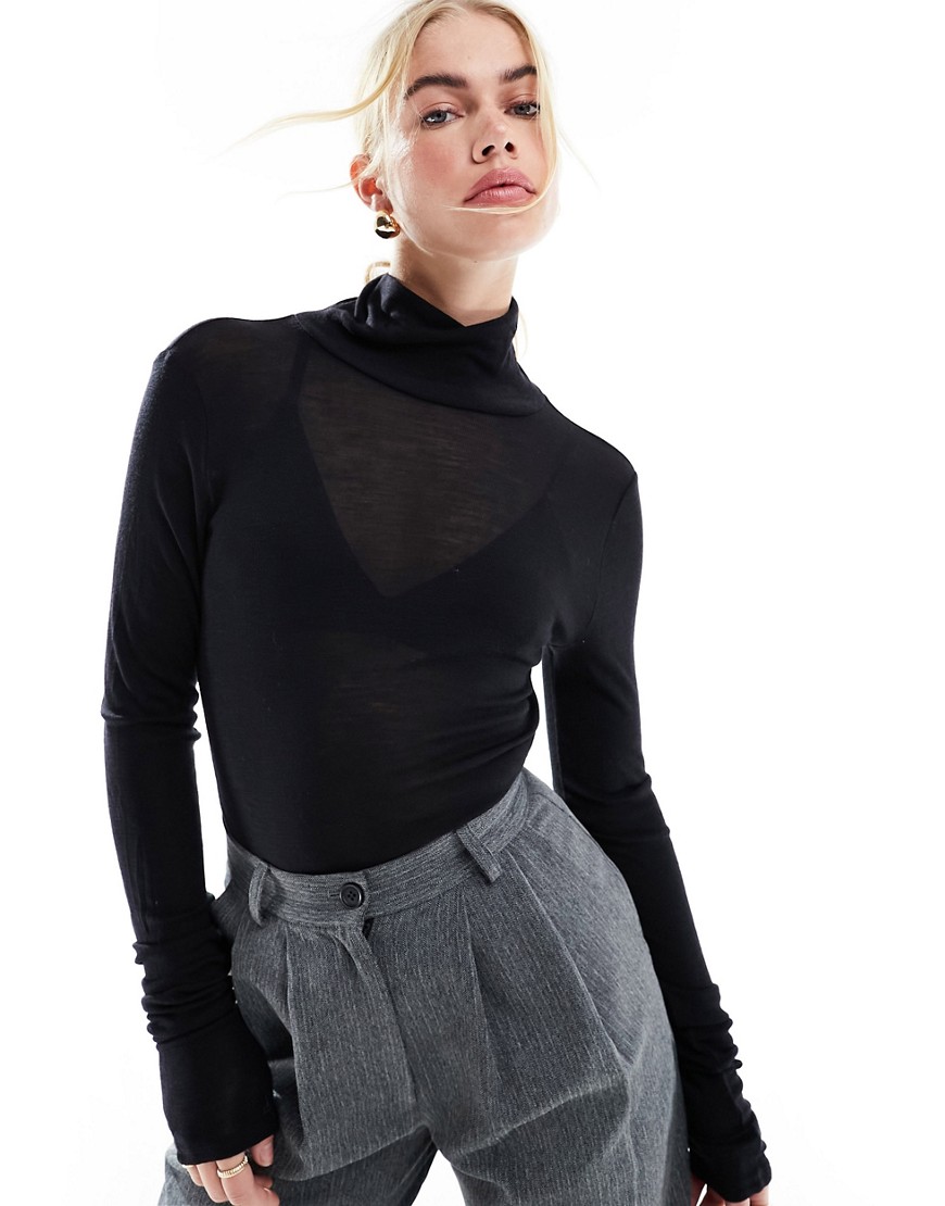 & Other Stories fine knit roll neck long sleeve jumper in black