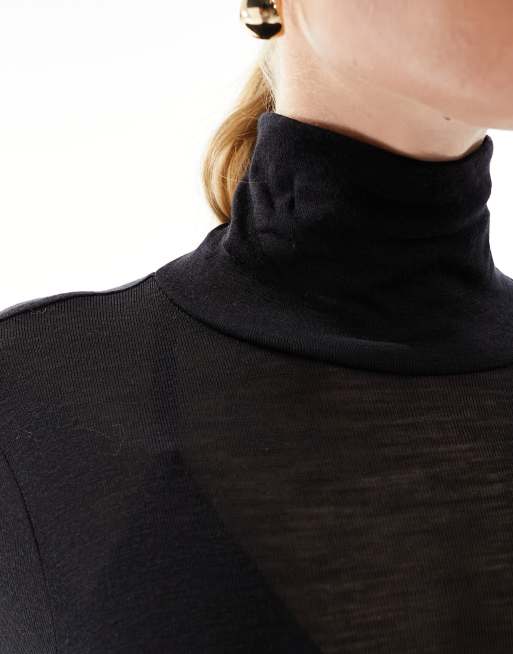 & Other Stories fine knit roll neck long sleeve jumper in black, 3 of 4