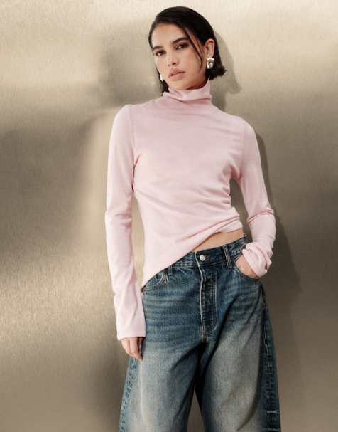 & Other Stories fine knit wool turtleneck sweater in light pink - view 1