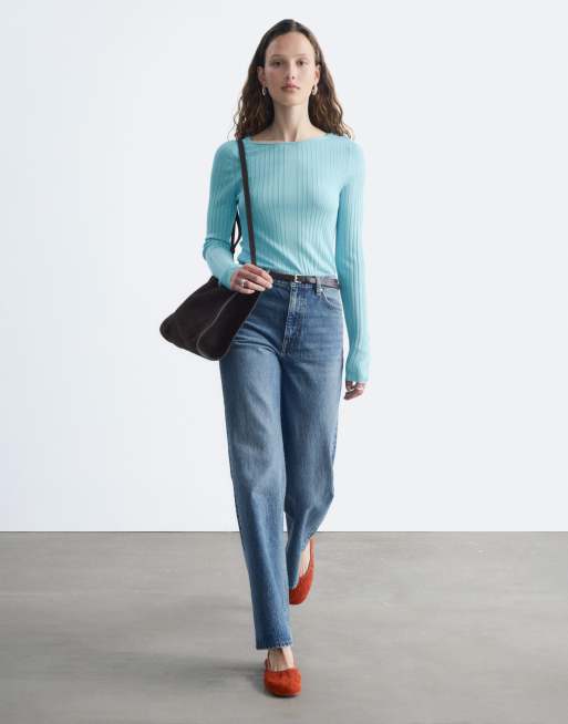 & Other Stories fine rib knit top in aqua blue, 3 of 4