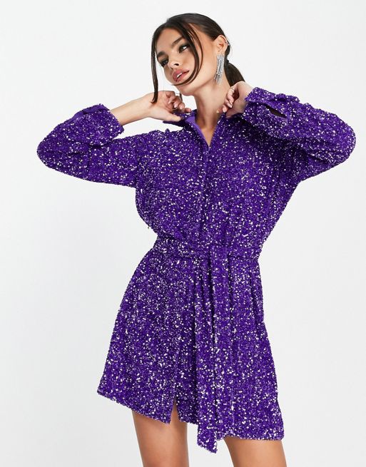 & Other Stories – Fioletowa sukienka koszulowa mini zdobiona cekinami na  całości | ASOS
