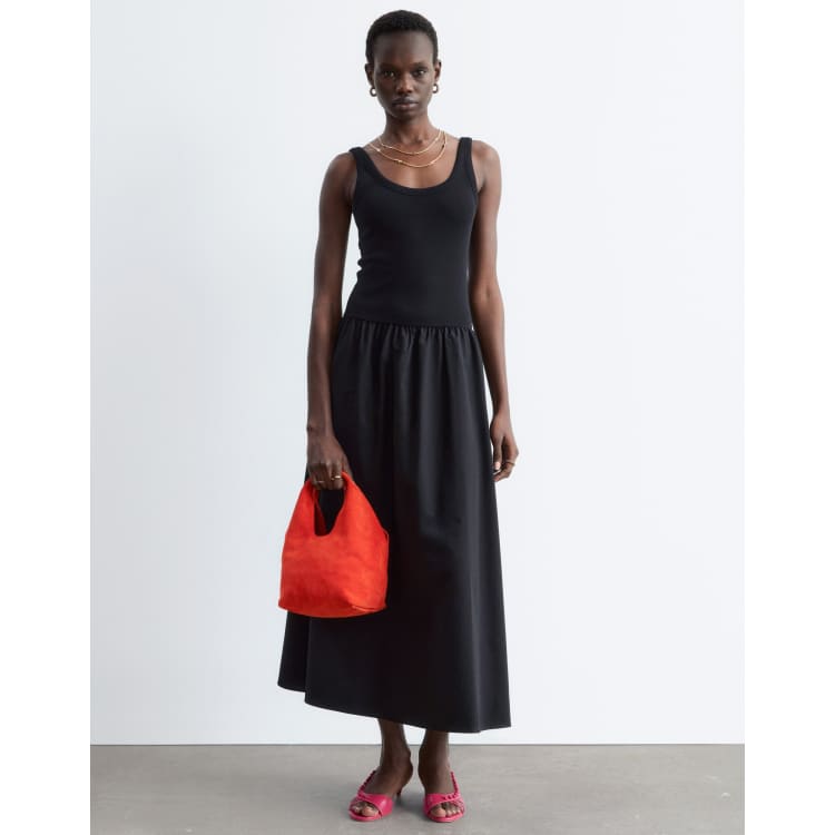 & Other Stories fitted bodice maxi jersey dress with cotton poplin skirting  in black | ASOS