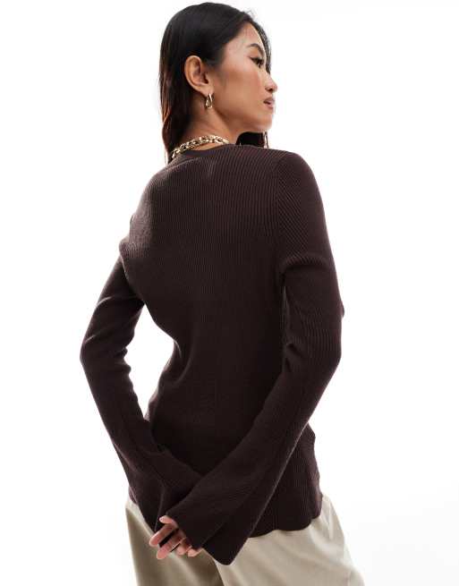 & Other Stories fitted cardigan in with extended flared sleeve and scalloped front in dark brown , 2 of 4