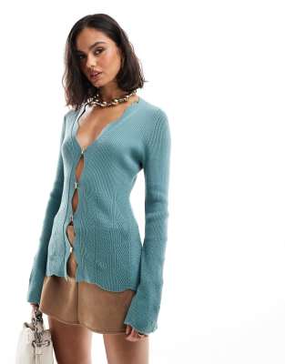 & Other Stories fitted cardigan with extended flared sleeve and scalloped front button detail in teal blue-Green