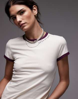 & Other Stories fitted jersey T-shirt top in off white with contrast binding and ciao amore embroidery