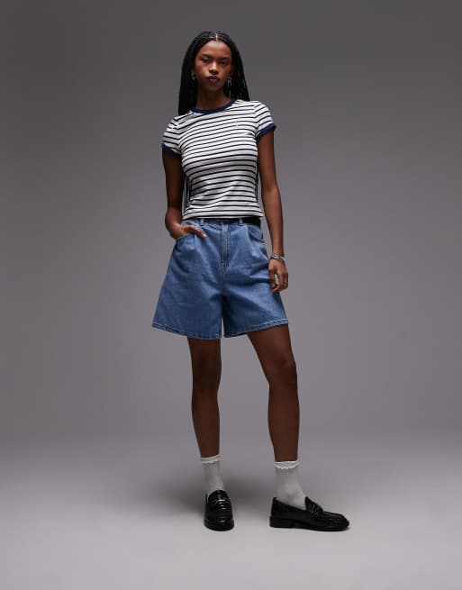 & Other Stories fitted jersey t-shirt  with cap sleeves in blue stripes with embroidered placement, 2 of 4