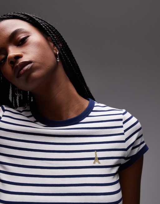 & Other Stories fitted jersey t-shirt  with cap sleeves in blue stripes with embroidered placement, 3 of 4