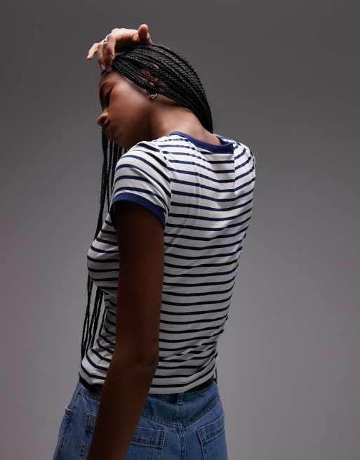 & Other Stories fitted jersey t-shirt  with cap sleeves in blue stripes with embroidered placement, 4 of 4