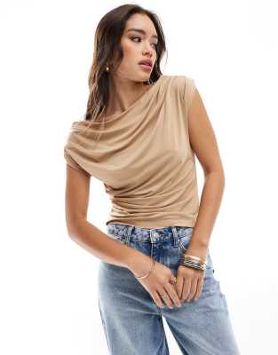 & Other Stories & Other Stories fitted top with drape detail in beige-Neutral