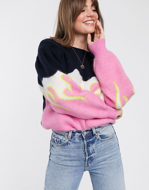 & Other Stories flame print puff sleeve sweater in multi | ASOS