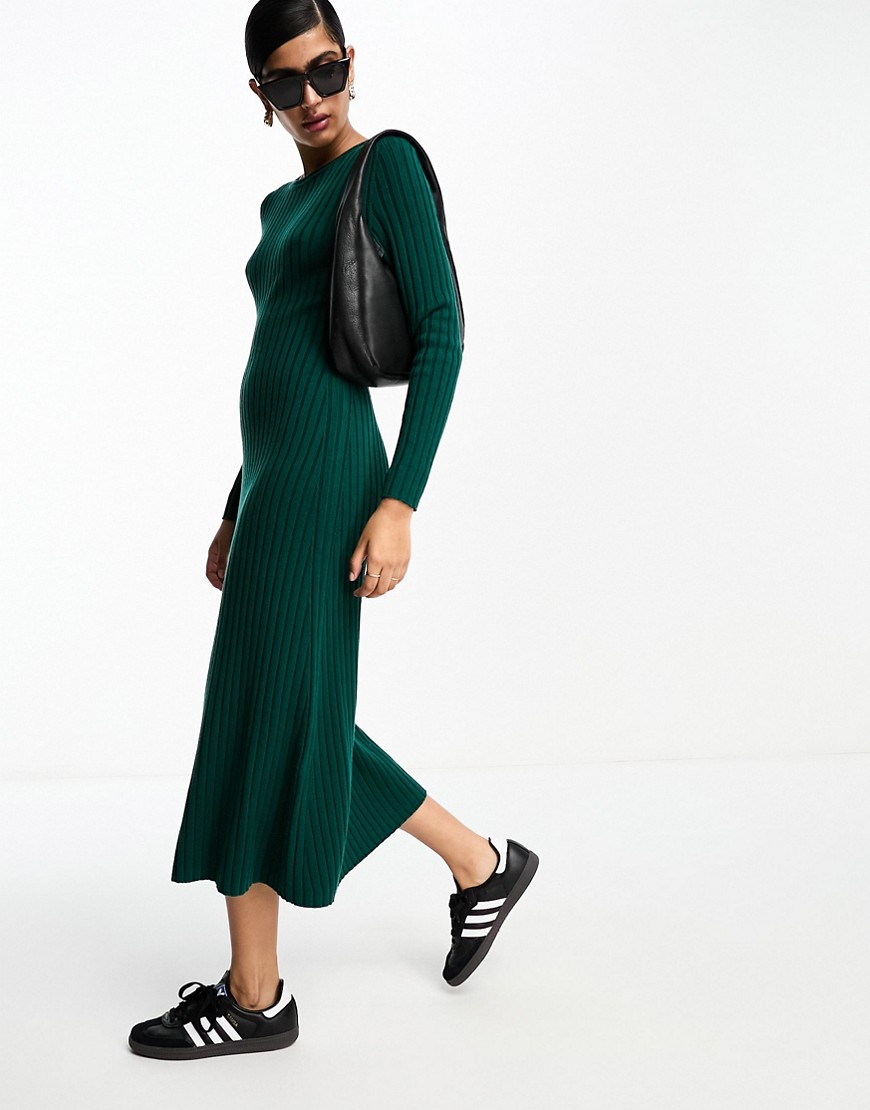 & Other Stories flared ribbed knitted midi dress in dark green