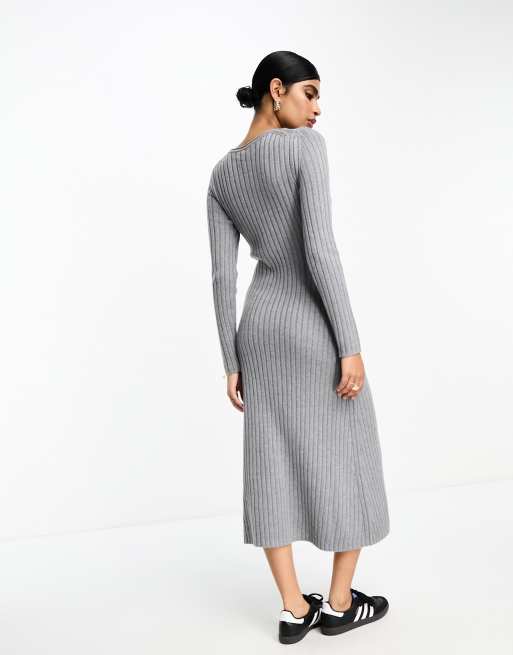 Other Stories Flared Ribbed Knitted Midi Dress in Gray