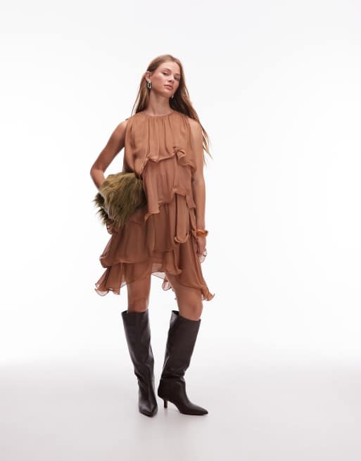 & Other Stories floaty chiffon midi dress in mocha brown