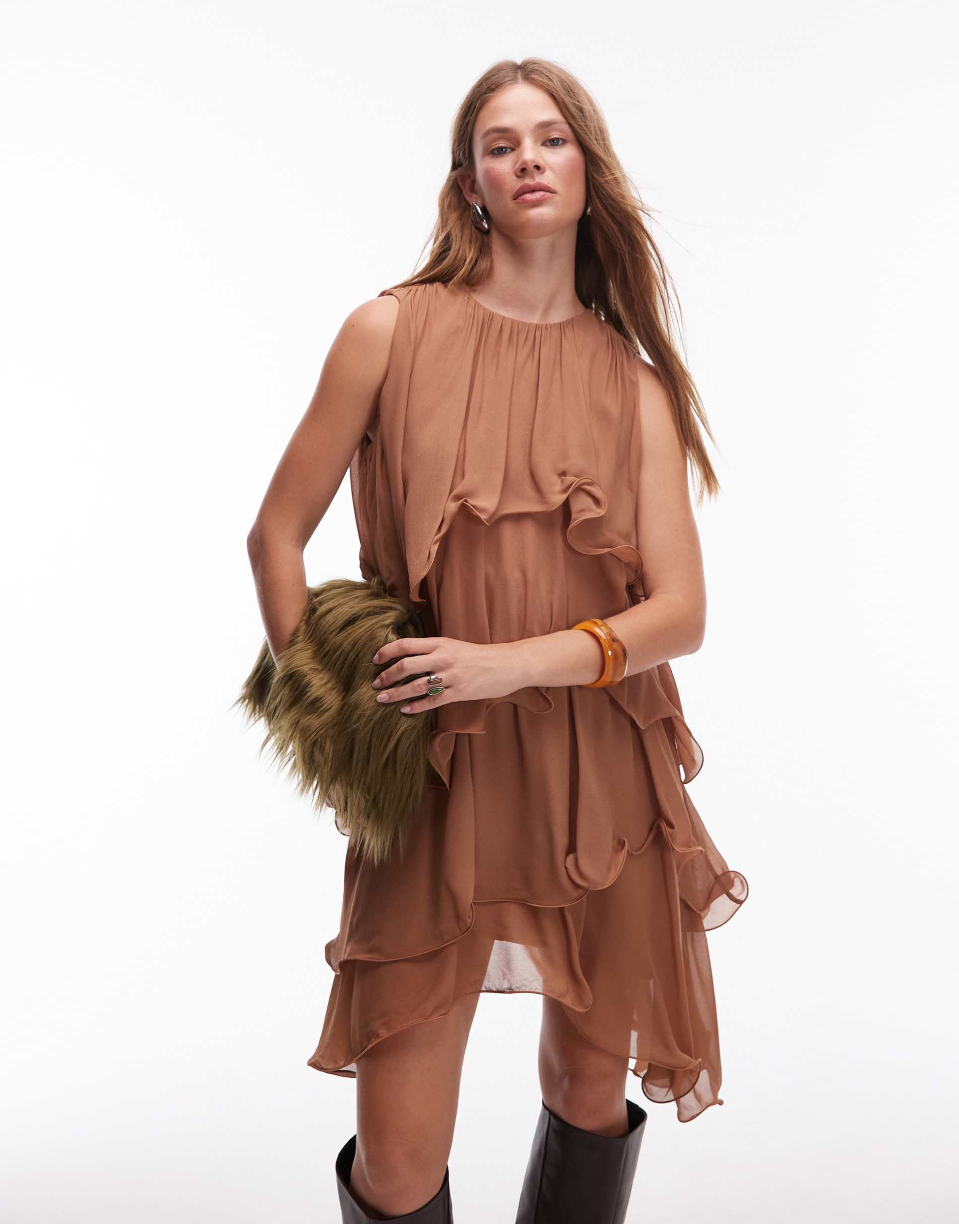 & other stories floaty chiffon mini dress in mocha brown