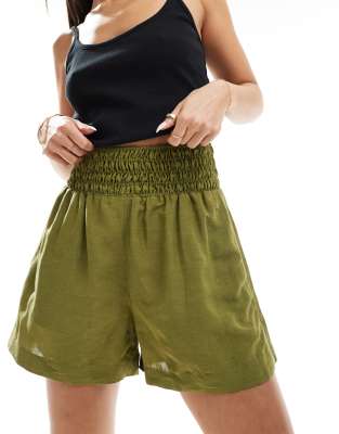 & Other Stories floaty shorts with ruched drop waist in khaki-Green