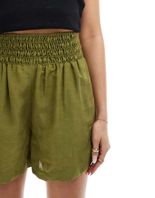 & Other Stories floaty shorts with ruched drop waist in khaki, 5 of 5