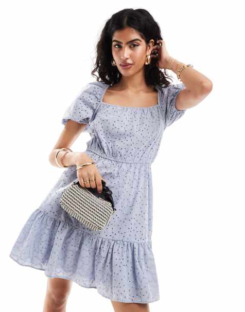 & Other Stories floral broderie embroidered milkmaid mini dress with  tiered hem in blue - view 1