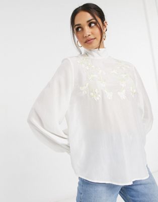 & Other Stories floral embroidered blouse in cream-White