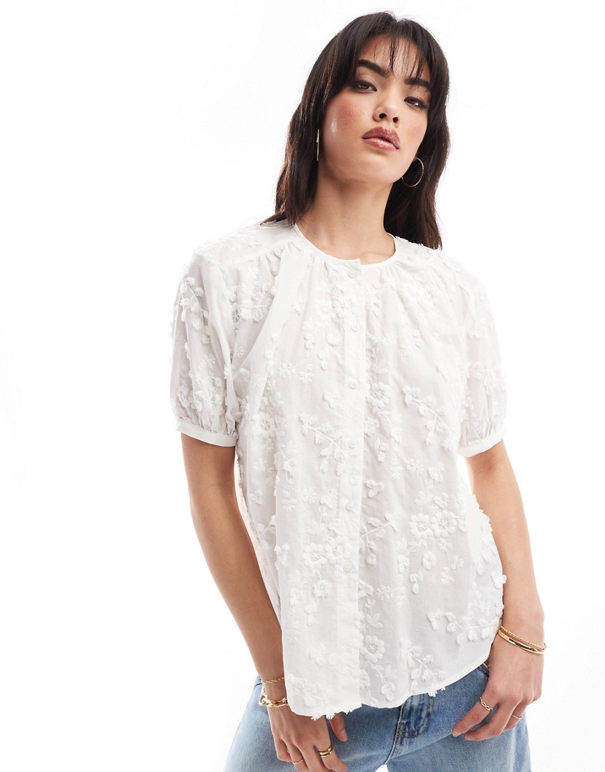 & Other Stories floral embroidered short sleeve blouse in white