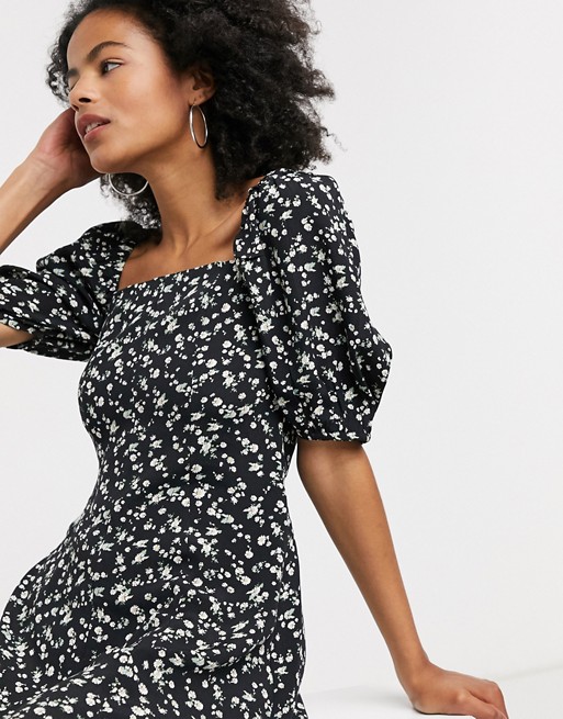 & Other Stories floral print button through mini dress in black