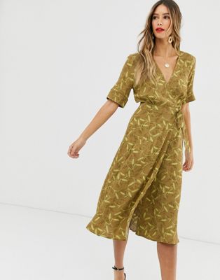 & Other Stories floral print midi wrap dress in mustard | ASOS